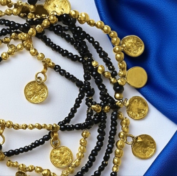 🆕 Handmade Indian Artisan Gold & Black Coin Charm 8-Piece Beaded Bracelet Set - Picture 4 of 11